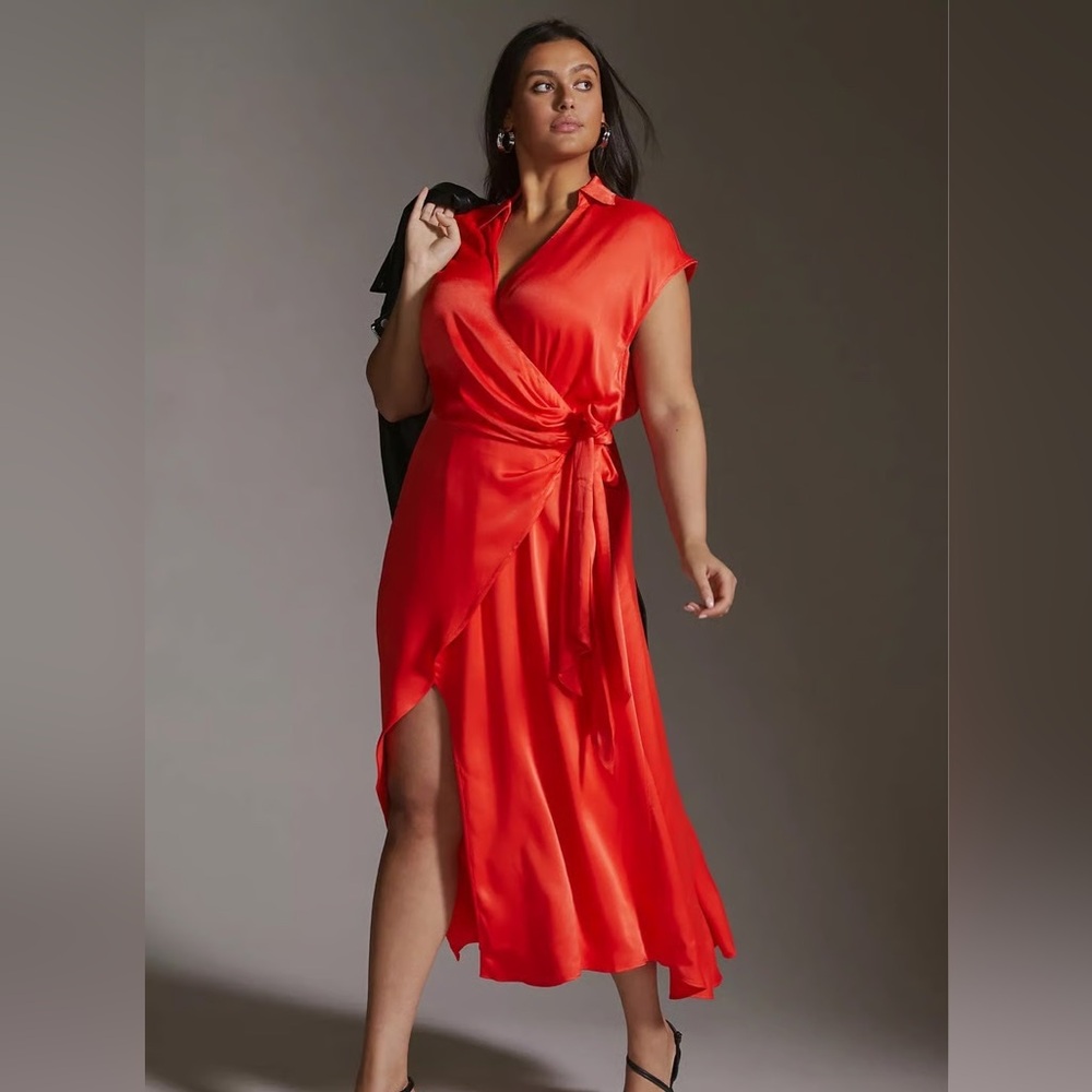 Maeve Coral Open-Back Wrap Midi Dress L